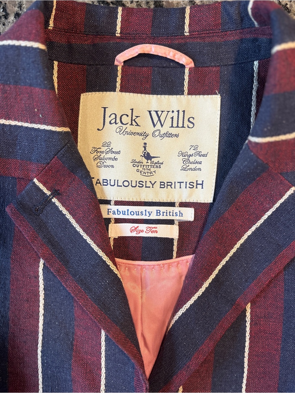 Jack Wills Navy and Burgundy Striped Blazer with Cream Piping